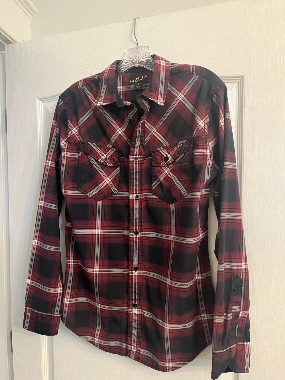Helix Men's Burgundy and Black Plaid Button-Down Shirt